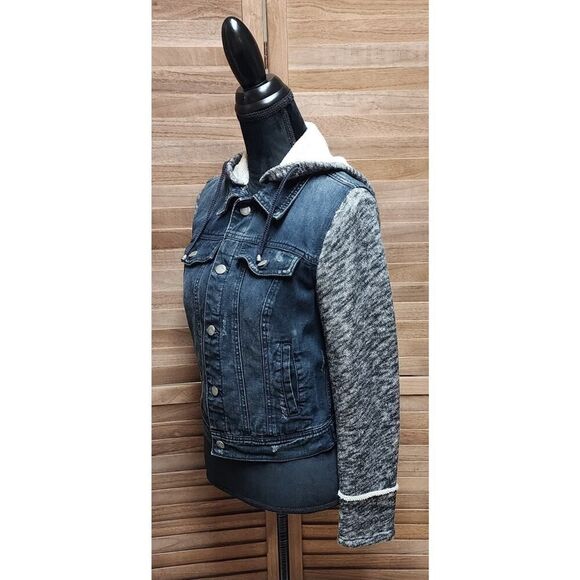 Free People Small Blue Jean Trucker Hoodie Knit Denim Button Distressed Jacket - Picture 4 of 7